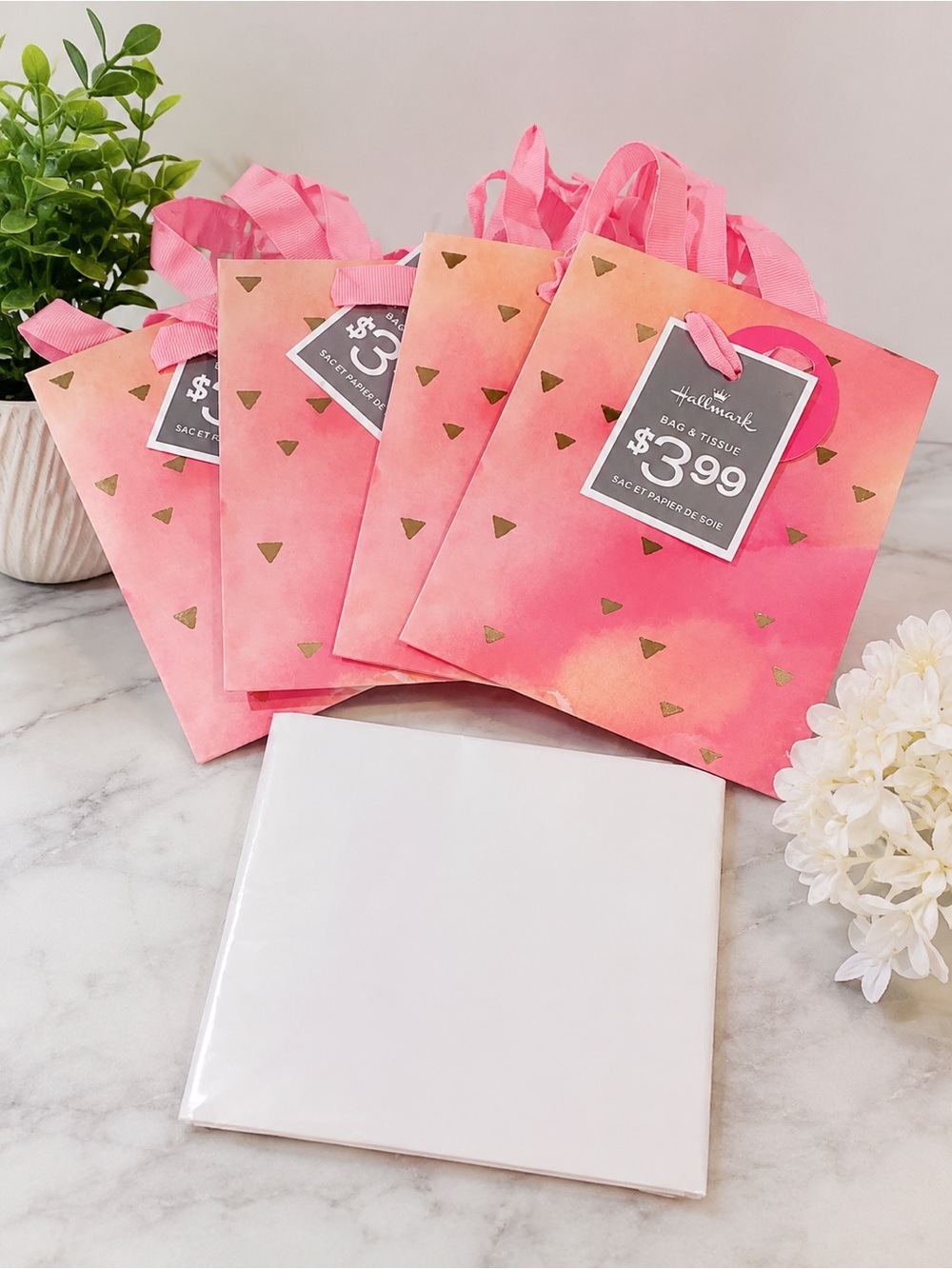 Hallmark Pink to Coral Ombre Gift Bags with Gold Triangle Accents - Set of 4
